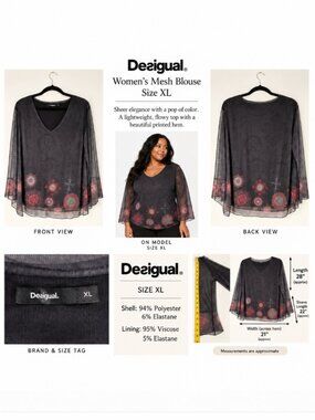 Desigual Floral Mandala Sheer Mesh V-Neck Blouse — Size XL